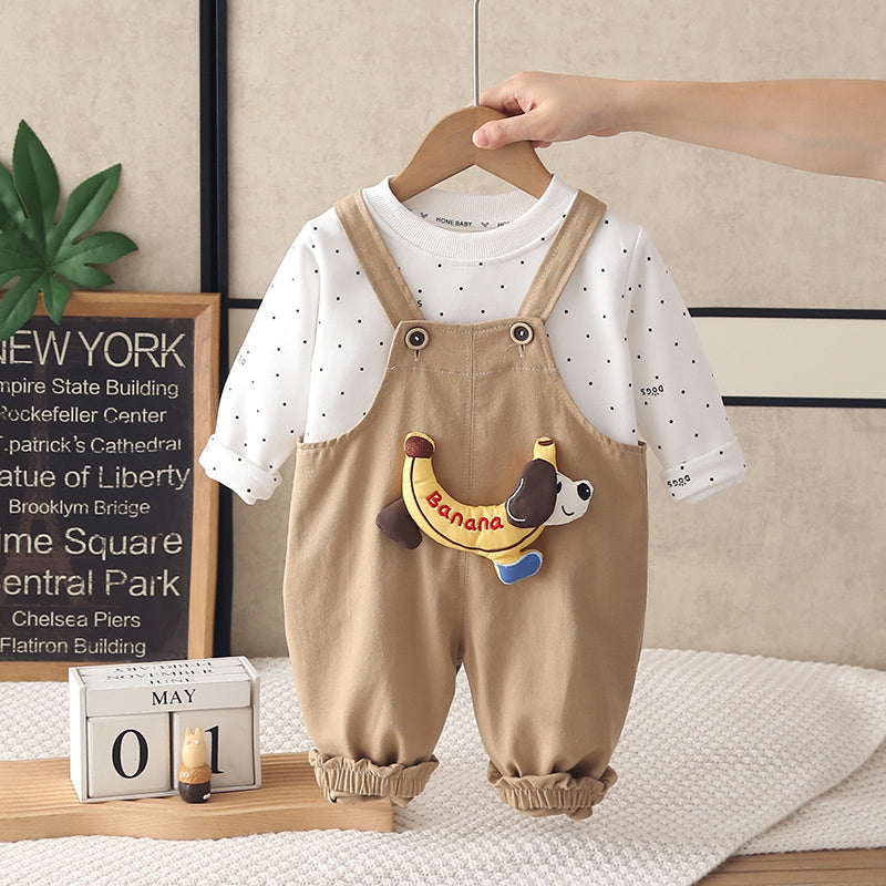 Boys' Outfit 2026 Spring and Autumn Clothes Infant Children's Sweatshirt Baby Banana Dog Overalls Two-Piece Trendy Set