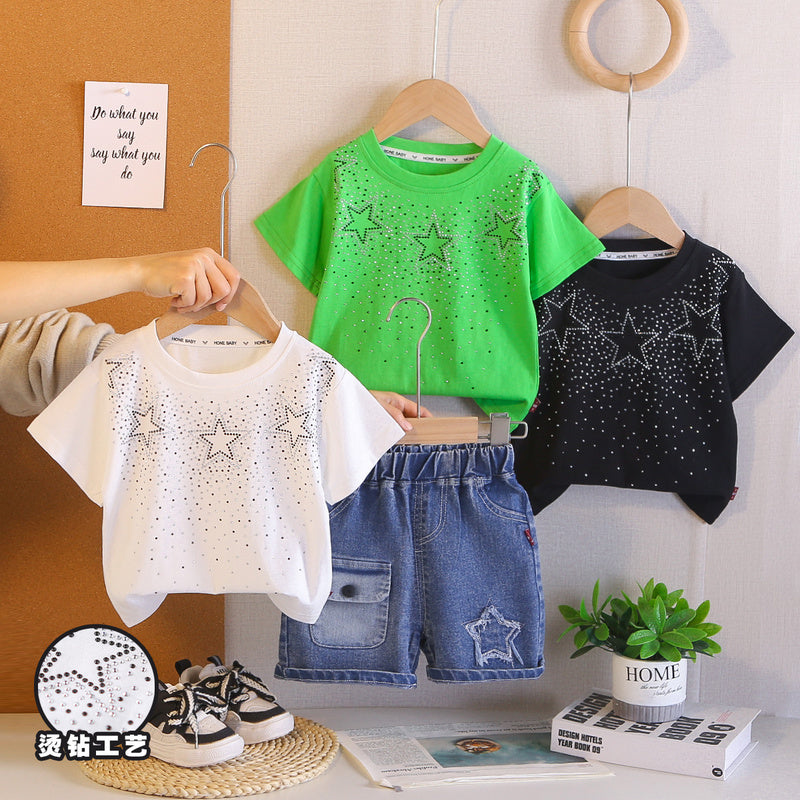 2026 Foreign Trade Summer Round Neck Rhinestone Children's Printed Thin T-shirt and Denim Two-piece Set Wholesale 3
