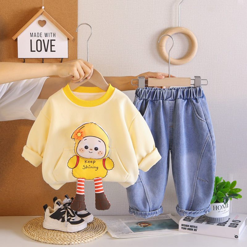 Boys' Stylish Spring and Autumn Outfit 2026 New Children's 3D Cartoon Sweatshirt Two-Piece Set Long Sleeve Baby Clothing