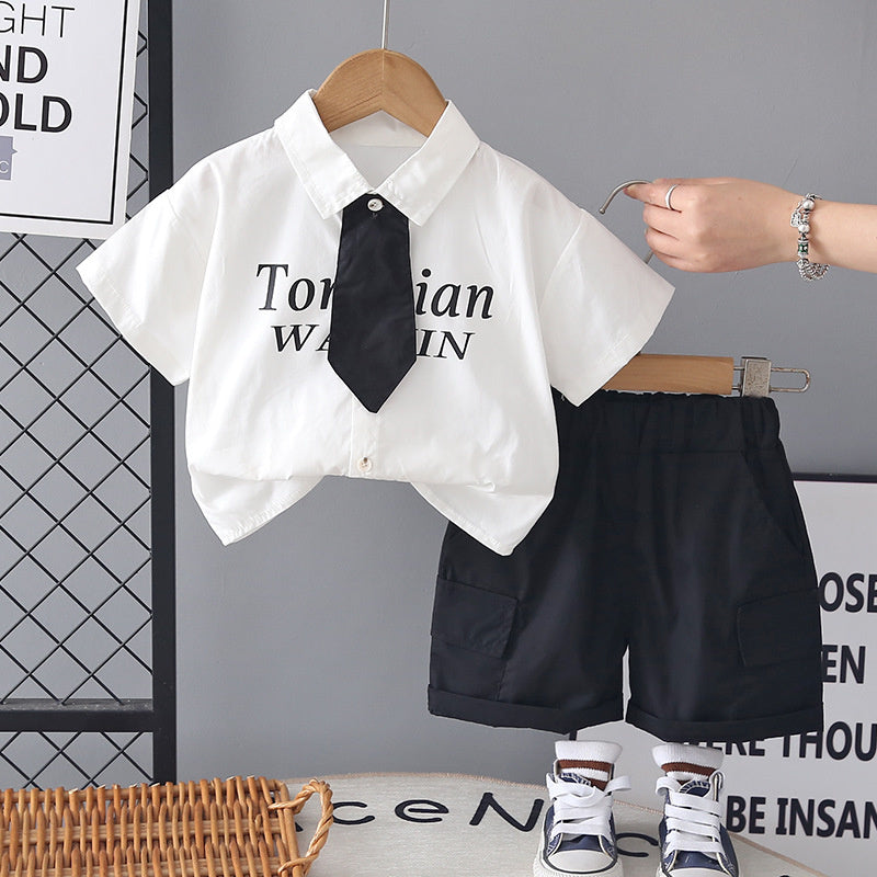 Boys' Outfit Set, Stylish 2026 New Model Children, Baby Summer Suit with Turn-down Collar and Tie, Short Sleeve, for 1-4 Year Olds