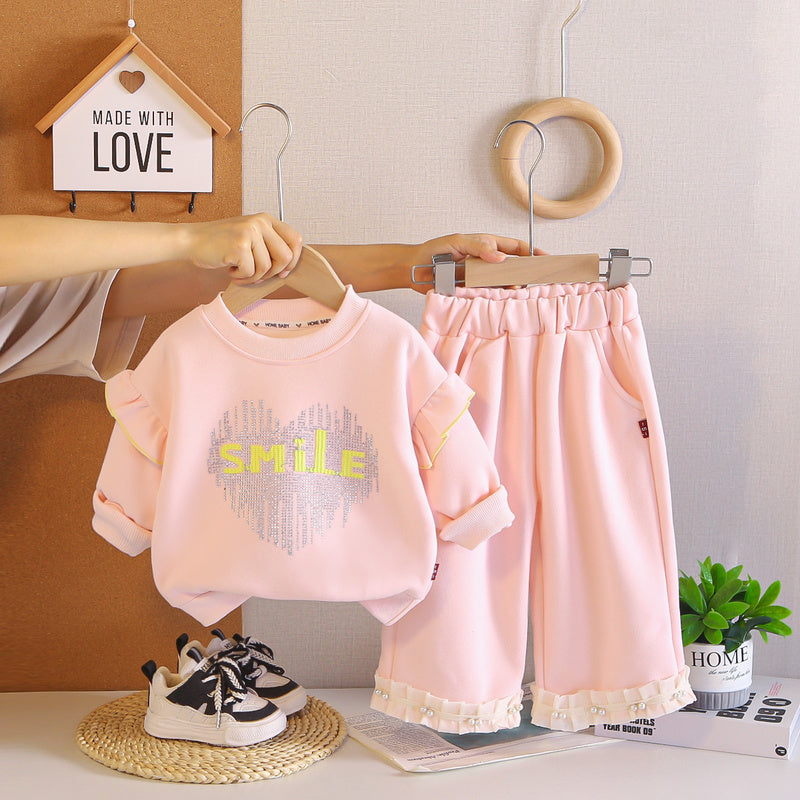 Girls' Outfit Baby 2026 New Style Infant Children's Spring and Autumn Rhinestone Letter Long Sleeve Sweatshirt Two-Piece Set Trendy