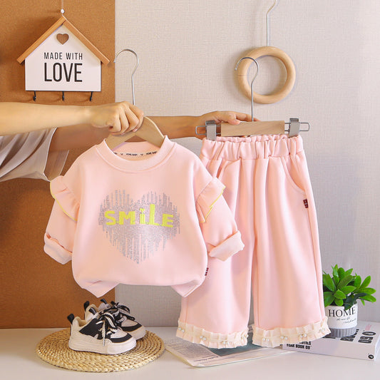 Girls' Outfit Baby 2026 New Style Infant Children's Spring and Autumn Rhinestone Letter Long Sleeve Sweatshirt Two-Piece Set Trendy