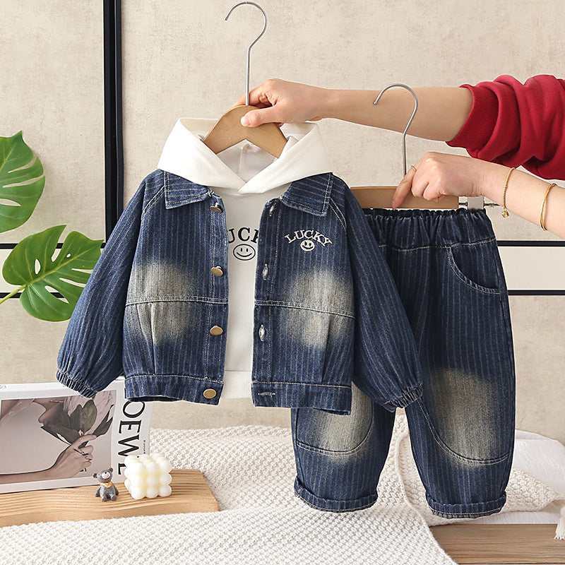 Boys' Outfit 2026 New Baby Clothes Infant Children's Spring and Autumn Smiley Face Hoodie Denim Three-Piece Set