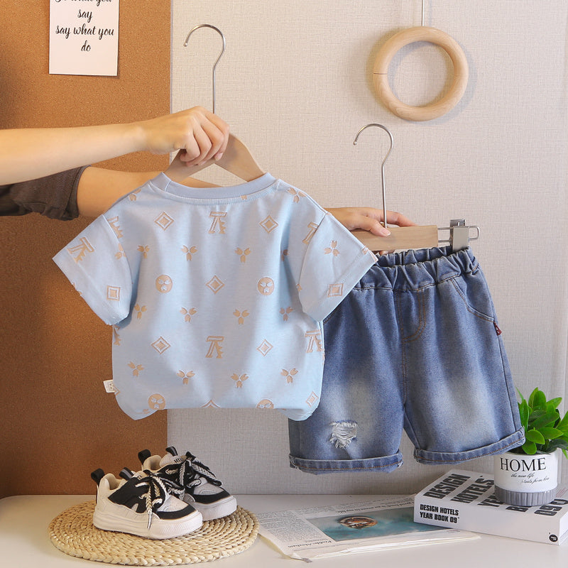 Boys' Outfit 2026 New Fashionable Toddler Summer Clothes with Printed Round Neck Short Sleeve Shirt and Jeans