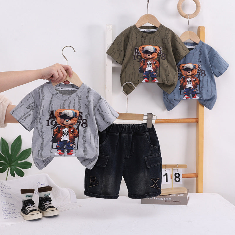 Boys' Summer Short-Sleeve Outfit 2026 New Fashionable Children's Stylish Baby Round-Neck Three-Dimensional Bear Head Two-Piece Set Trendy