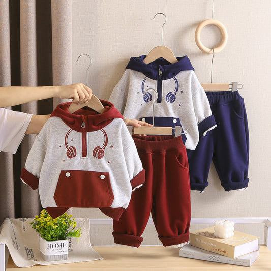 Boys' Outfit Autumn and Winter 2026 New Fashionable Children's Fleece Sweatshirt Thickened Two-Piece Set for Babies Wholesale
