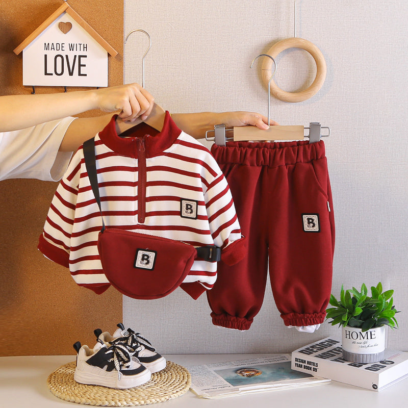 Boys' Outfit 2026 New Fashionable Children's Spring and Autumn Long-Sleeve Striped Two-Piece Set with Sling Bag for Stylish Little Boys