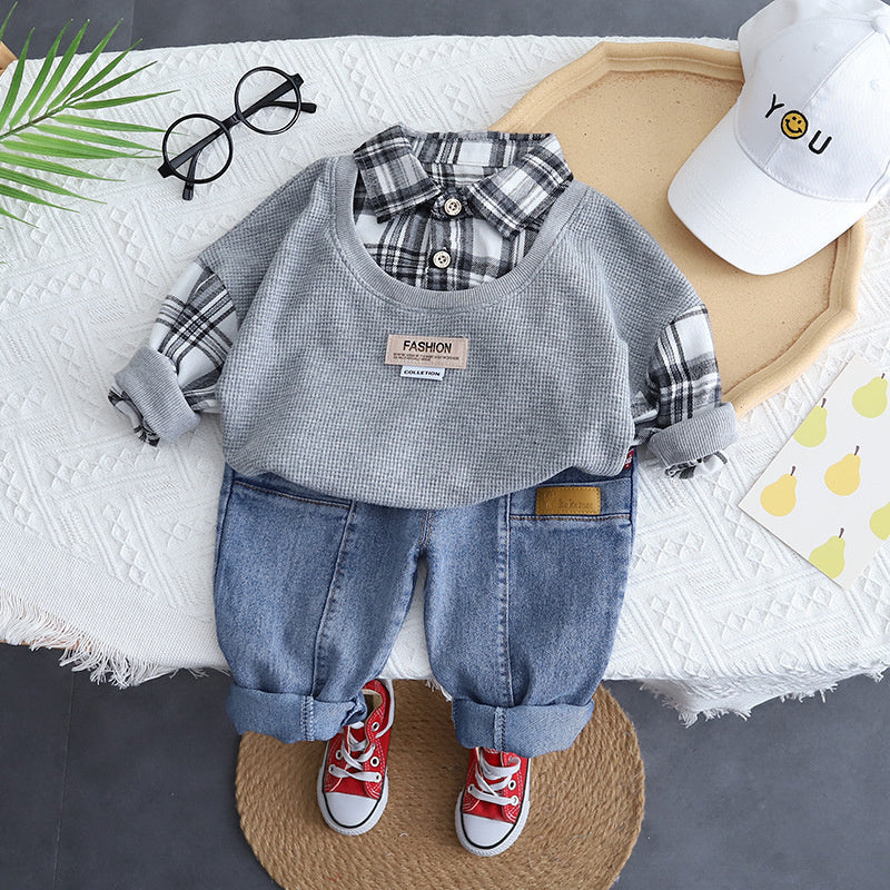 Suit 2025 Autumn Children's Plaid Fake Two-Piece Set Long Sleeve Spring New Boys' Baby One-Piece Dropshipping