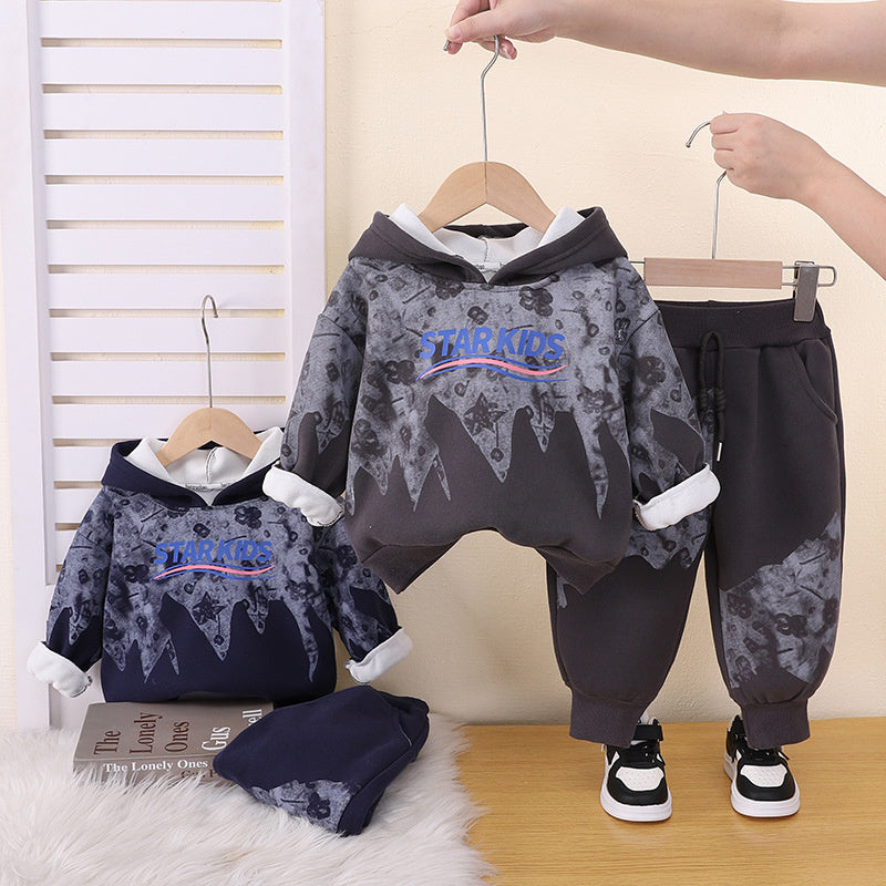 Boys' Autumn and Fleece-Lined 2026 New Fashionable Children's Outfit Boys, Winter Sweatshirt Two-Piece Set for Boys