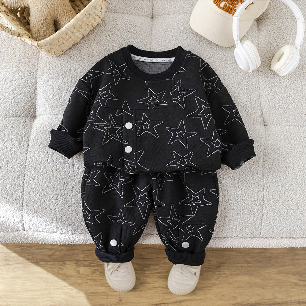 Boys' Outfit 2025 New Baby Children's Spring and Autumn Stylish Kids' Jacquard Round Neck Two-Piece Set