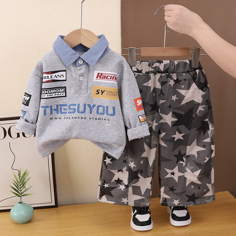 Boys' Spring and Autumn Outfit 2026 New Fashionable Children's Racing Style Turn-down Collar Sweatshirt Korean Version Casual Two-piece Set