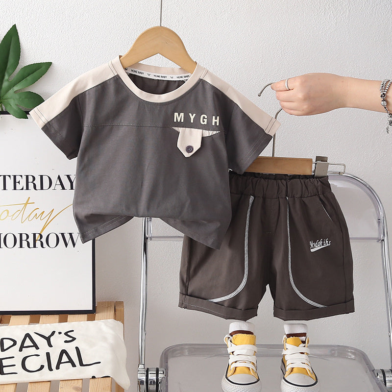 2026 New Boys' Two-Piece Set Children's Letter Color-Block Short-Sleeve Thin Baby Summer Clothes Trendy