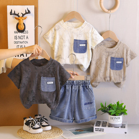 Boys' Summer Outfit 2026 New Thin Denim Pocket Short Sleeve Two-Piece Set for 1-3 Year Olds