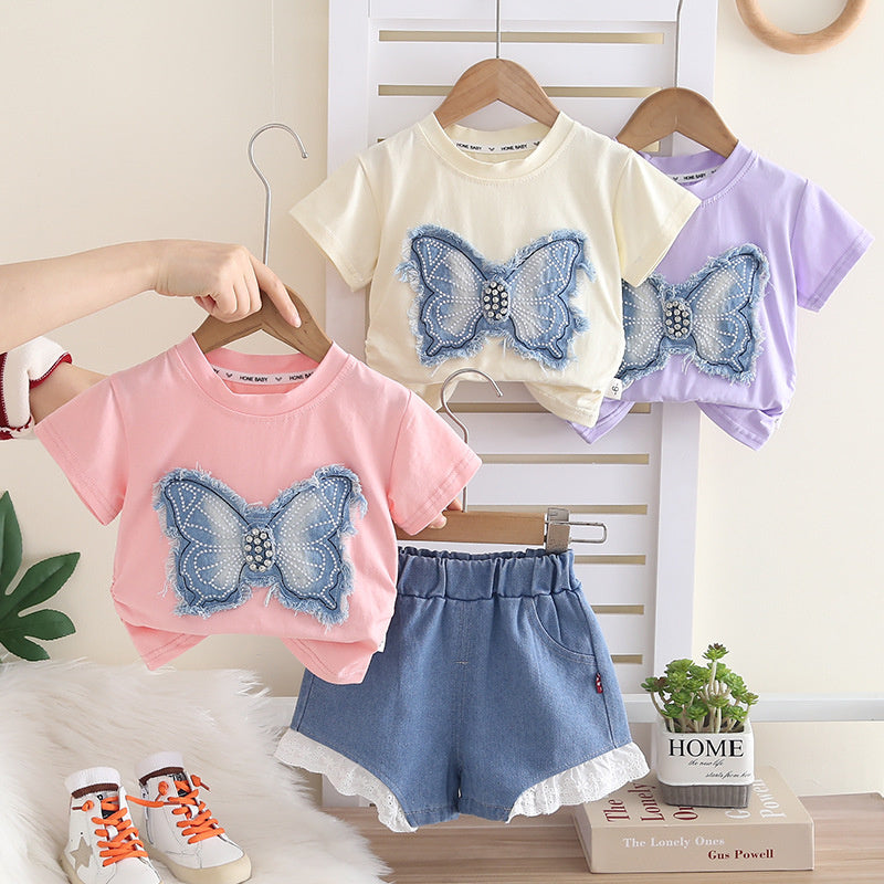Girls' Outfit 2026 New Fashionable Casual Baby Girl Patch Butterfly Short Sleeve Summer Two-Piece Set