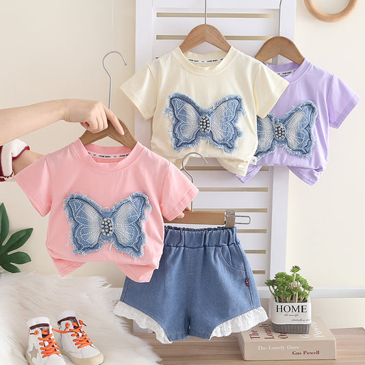 Girls' Outfit 2026 New Fashionable Casual Baby Girl Patch Butterfly Short Sleeve Summer Two-Piece Set