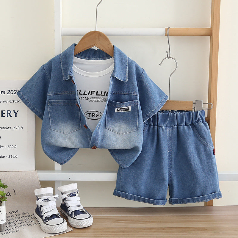 Children's Outfit Boys' Denim Jacket Short Sleeve Three-Piece Set 2026 New Model 1-2-3 Baby Summer Clothes