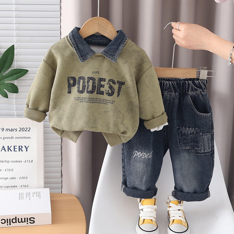Boys' Outfit 2026 New Fashionable Children's Clothing Baby Spring and Autumn Two-Piece Set with Detachable Denim Collar