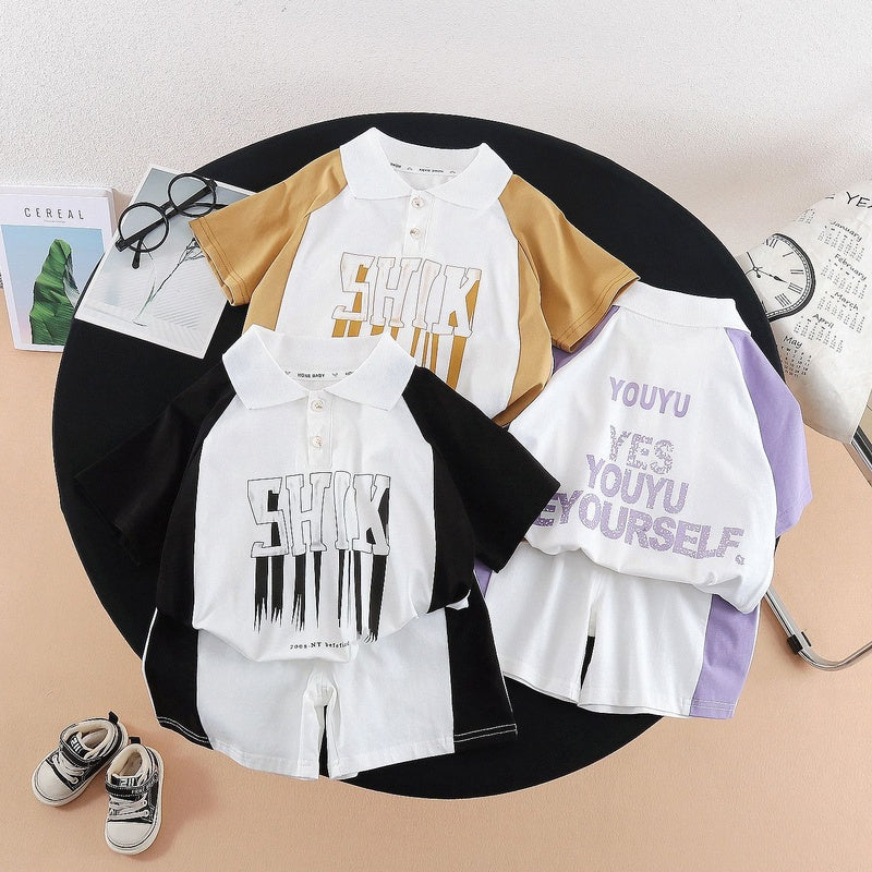 Children's Summer Outfit 2026 New Model for Young Boys, Collared Color-Block Letter Print Short Sleeve Shirt and Shorts Two-Piece Set, Trendy