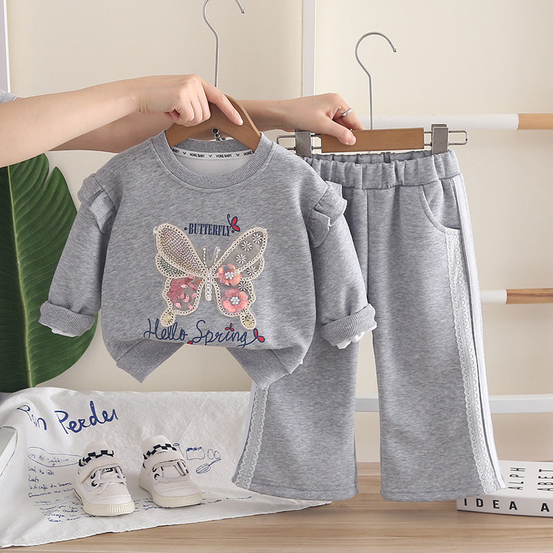 Girls' Spring and Outfit 2026 New Fashionable Baby Girl Autumn Clothing Korean Style Butterfly Sweatshirt Two-Piece Cartoon Trendy Set