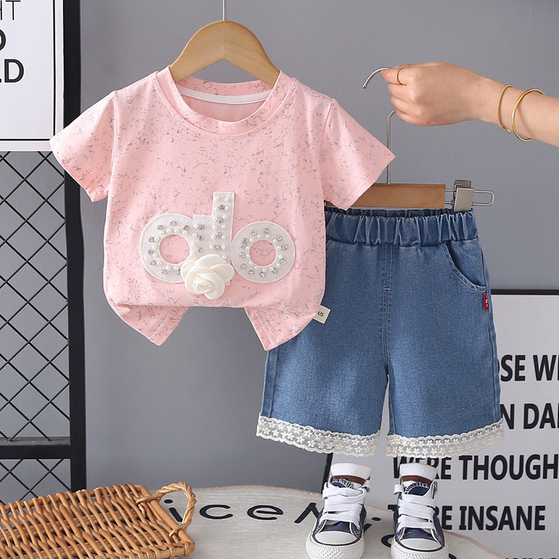 Girls' Summer Outfit 2026: Baby with Rhinestone Letters, Short-Sleeve Denim Shorts, New Trendy Two-Piece Set