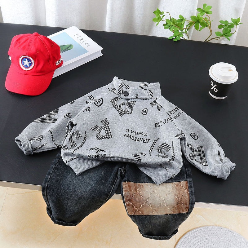 Boys' Outfit 2026 New Korean Style Spring Autumn Two-Piece Set for Boys with Stand Collar and Large Letter Print