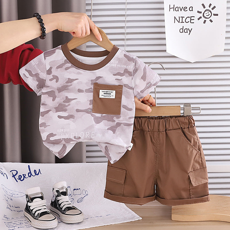 Boys' Short-Sleeve 2026 New Summer Outfit Baby Stylish Korean Version Children's Round Neck Pocket Two-Piece Set Trendy