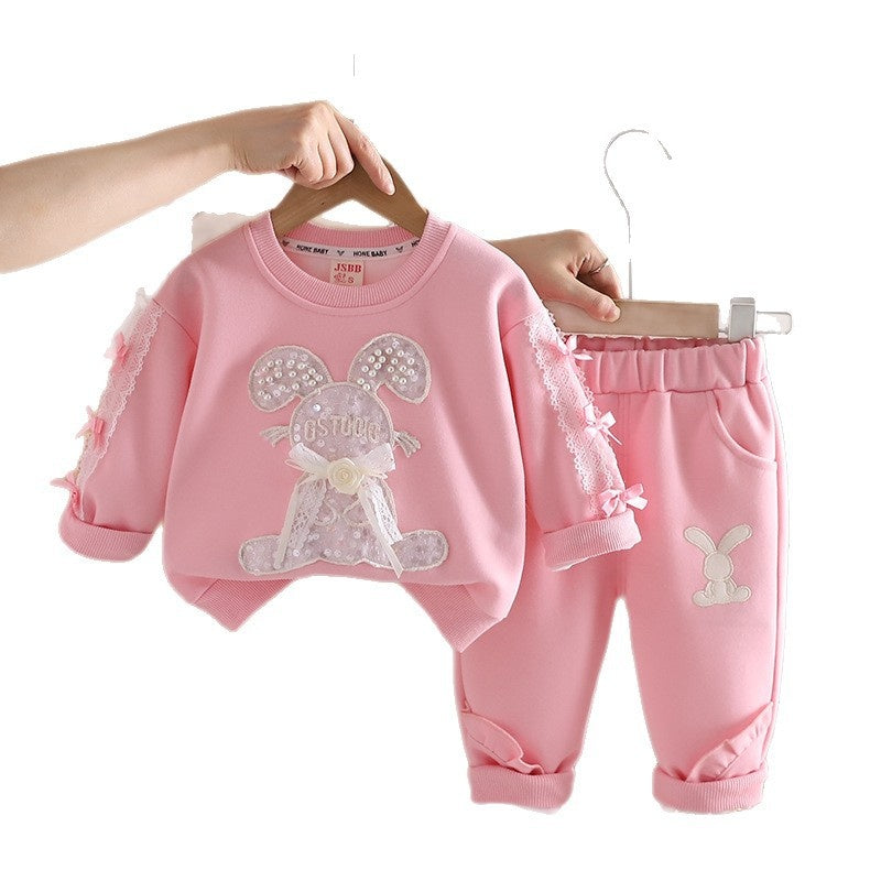 Girls' Outfit Set, Stylish Fashionable, for 0-3 Year Old Baby Girls, Spring and Autumn Beaded Rabbit Clothes, Infant Children's Clothing