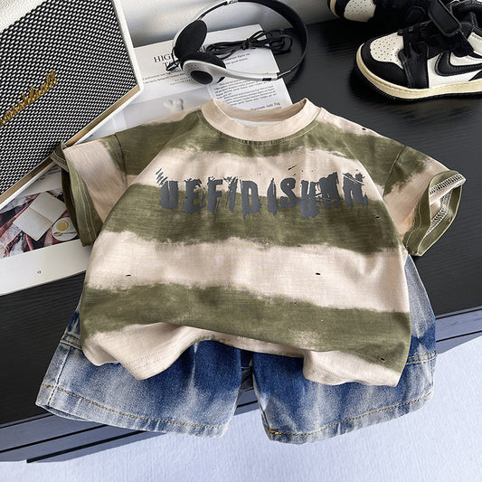 Baby Boy Outfit 2026 New Children's Summer Clothes 1-3 Years Old 5-Stripe Large Letter Short Sleeve Two-Piece Set Trendy