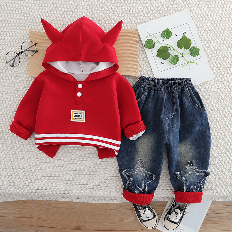 Korean Style Boys' Sweatshirt and Autumn Baby Spring Fashionable Clothes Infant Children's Clothing Horn Zipper Two-Piece Set