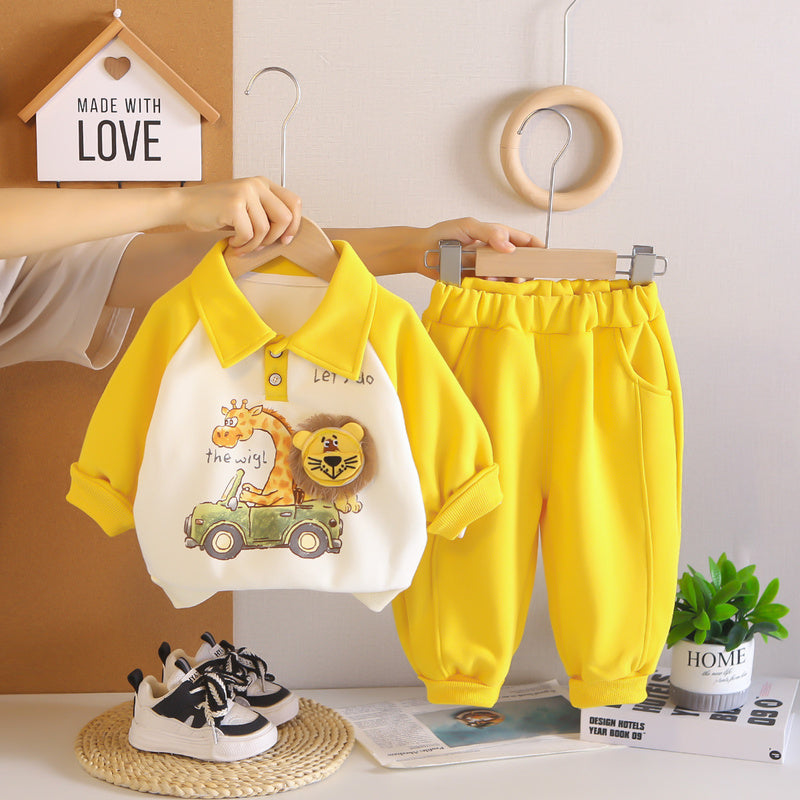 Boys' Suit 2026 New Fashionable Cute Children's Outfit with Turn-down Collar 3D Lion Design, Two-piece Set for Baby, Spring and Autumn Trendy Wear