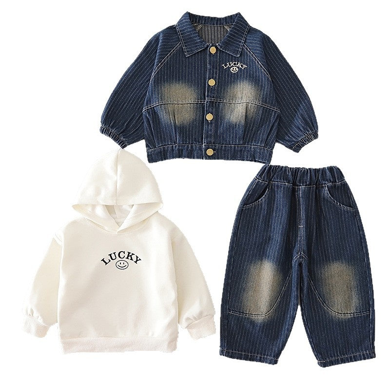 Boys' Outfit 2026 New Baby Clothes Infant Children's Spring and Autumn Smiley Face Hoodie Denim Three-Piece Set