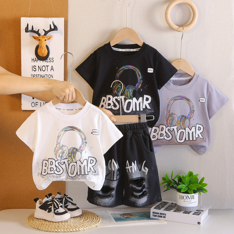 Children's clothing boys, set, 2026 new model, earphone short-sleeve baby summer clothes, two-piece set for small children