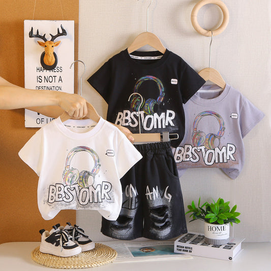 Children's clothing boys, set, 2026 new model, earphone short-sleeve baby summer clothes, two-piece set for small children