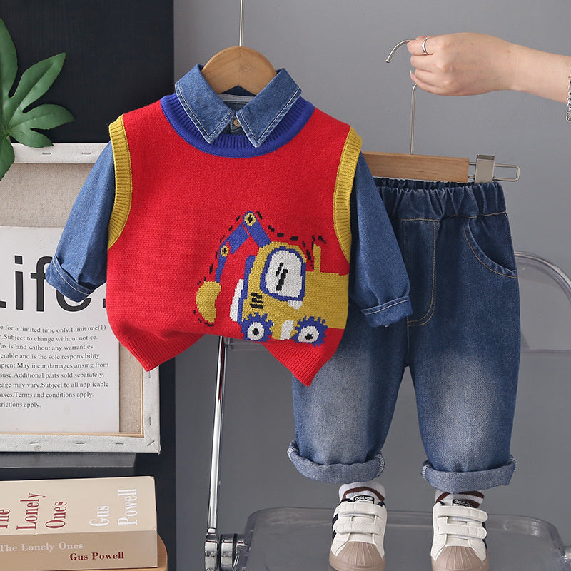 Boys' Autumn Outfit 2026 New Fashionable Spring-Autumn Children's Sweater Three-Piece Set Baby Clothes Wholesale