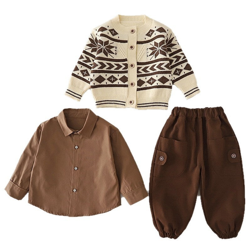 Children's Outfit Spring Clothing 2026 New Style Toddler Sweater Snowflake Jacket Boys' Clothes 1-3 Years Old Three-Piece Set