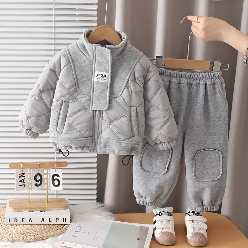 Clothing Boys' Children's Casual Fleece Lined Thickened Autumn Winter Outfit Baby High Collar Zipper Two-Piece Set Trendy