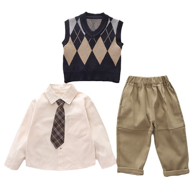 Boys' Suit Spring 2024 New Stylish Baby Long Sleeve Diamond Pattern Tie Sweater Vest Three-Piece Set Toddler Trendy