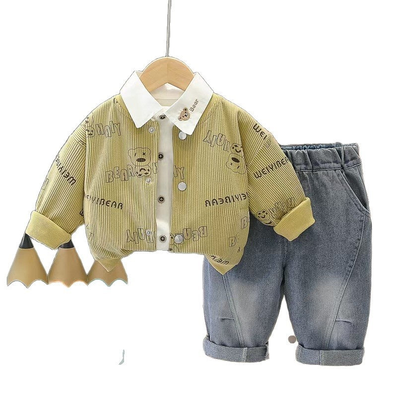 Clothes Spring and Autumn, Cute Casual Bear Shirt Boys, Long Sleeve Three-Piece Set for 0-2 Year Olds, Baby Jacket