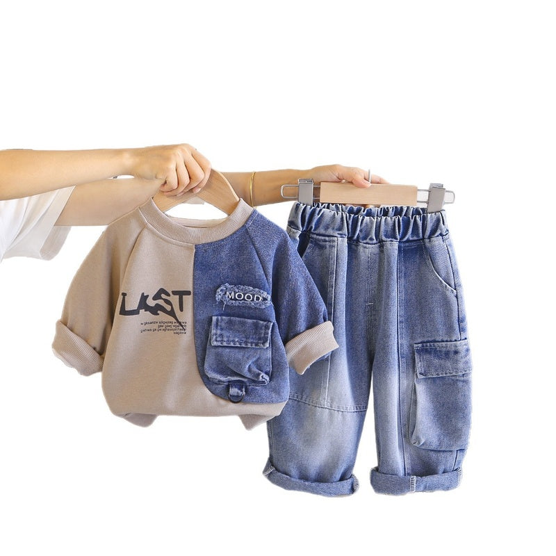 Boys' Outfit Set 2026 Casual Long Sleeve New Two-Piece Fashionable Baby Spring and Autumn Children's Patchwork Sweatshirt