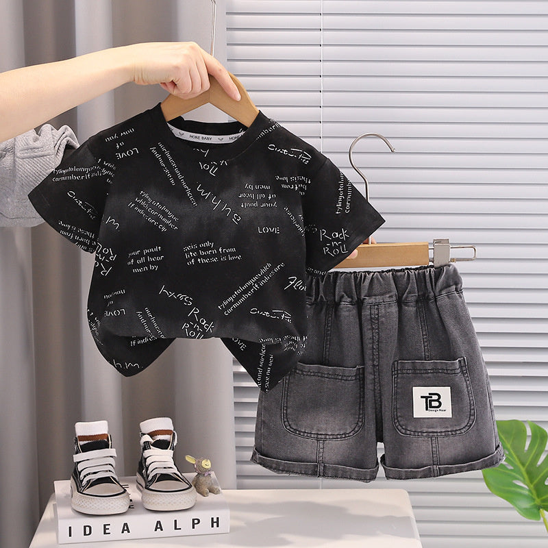 Boys' Summer Outfit 2026 New Fashionable Toddler Stylish Full-Print Small Letter Short-Sleeve Baby Two-Piece Set