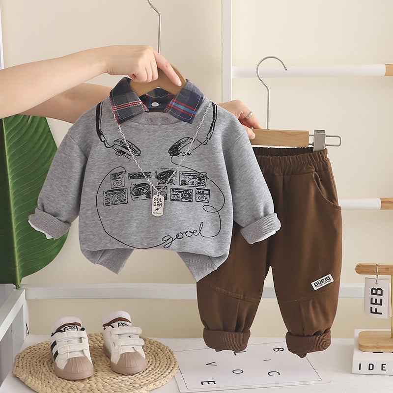 Boys' Autumn Outfit 0-4 Year Olds, Fashionable Baby Clothes for Spring Autumn, Infant Children's Two-Piece Set with Collar and Earphones