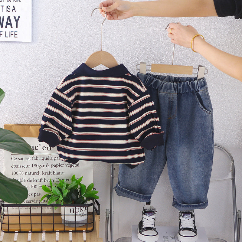 Boys' Outfit 2026 New Fashionable Baby Clothing, Spring and Autumn Striped Pocket Bear Button-Up Shirt Two-Piece Set