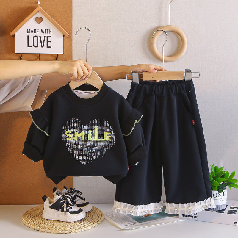 Girls' Outfit Baby 2026 New Style Infant Children's Spring and Autumn Rhinestone Letter Long Sleeve Sweatshirt Two-Piece Set Trendy