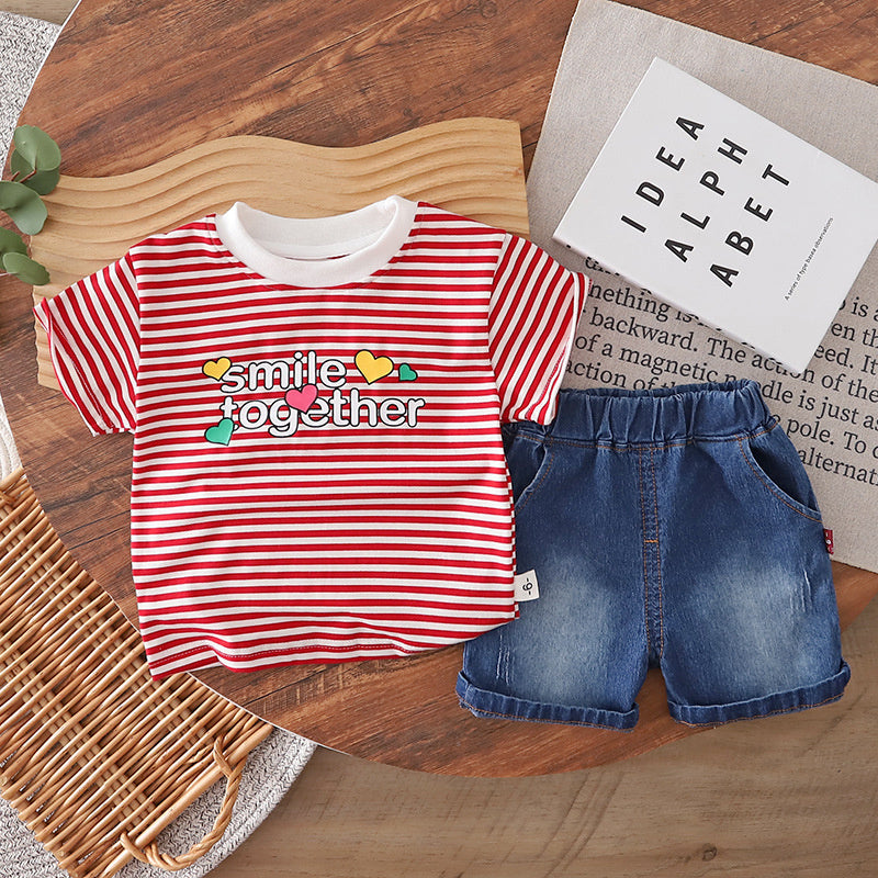 Boys' Short-Sleeve Summer Outfit 2026 New Children's Cartoon Cute Striped Heart Baby Shorts Two-Piece Set Trendy
