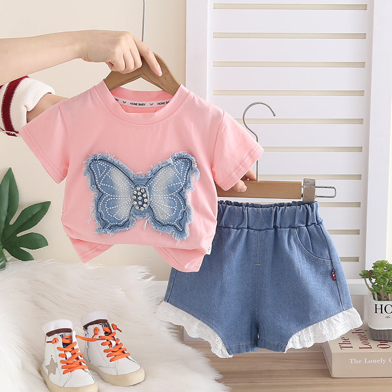 Girls' Outfit 2026 New Fashionable Casual Baby Girl Patch Butterfly Short Sleeve Summer Two-Piece Set