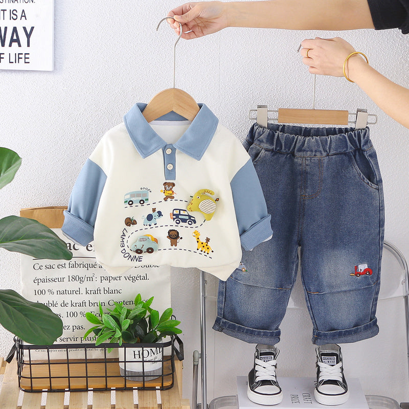 Boys' Spring and Autumn Outfit 2026 New Fashionable Infant Children's Clothing Baby Cartoon Cardigan Two-Piece Set Trendy