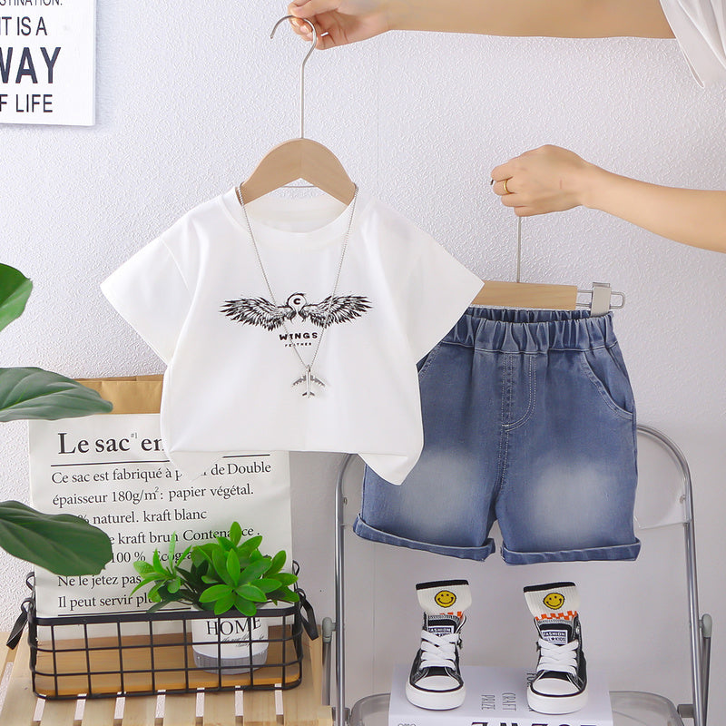 Boys' Wing Short Sleeve 2026 New Korean Style Thin Summer Outfit for Young Boys, Trendy and Cool Two-Piece Set