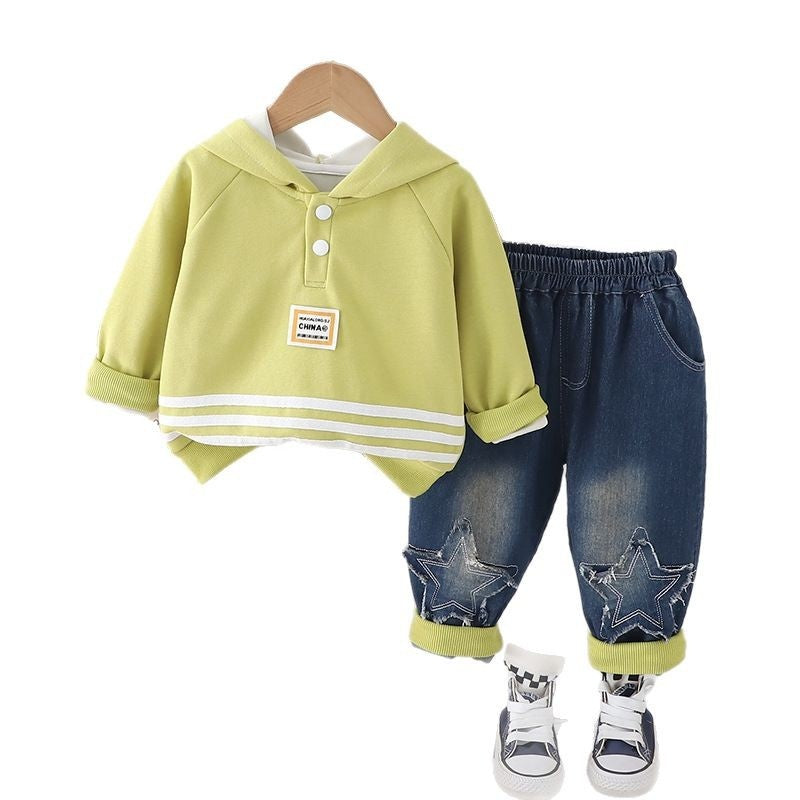 Korean Style Boys' Sweatshirt and Autumn Baby Spring Fashionable Clothes Infant Children's Clothing Horn Zipper Two-Piece Set