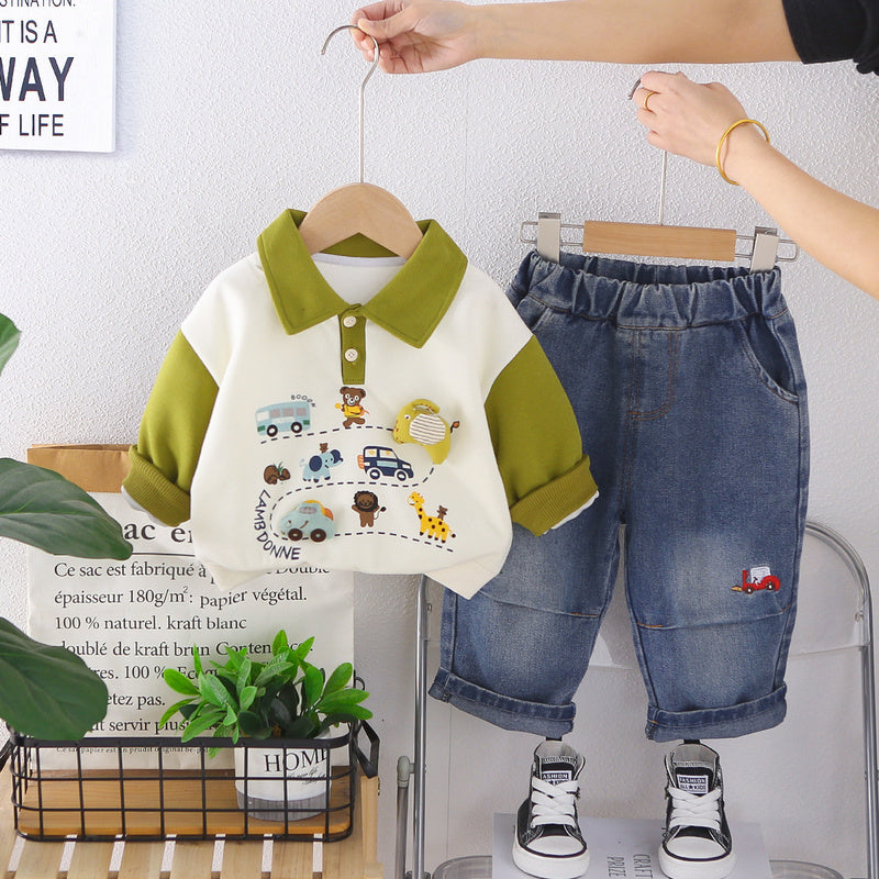 Boys' Spring and Autumn Outfit 2026 New Fashionable Infant Children's Clothing Baby Cartoon Cardigan Two-Piece Set Trendy