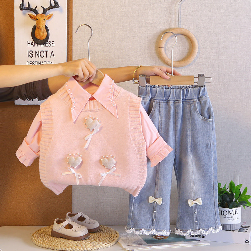 Girls' Outfit 2026 New Children's Spring and Autumn Long-Sleeve Heart Pattern Sweater Three-Piece Set for Young Children